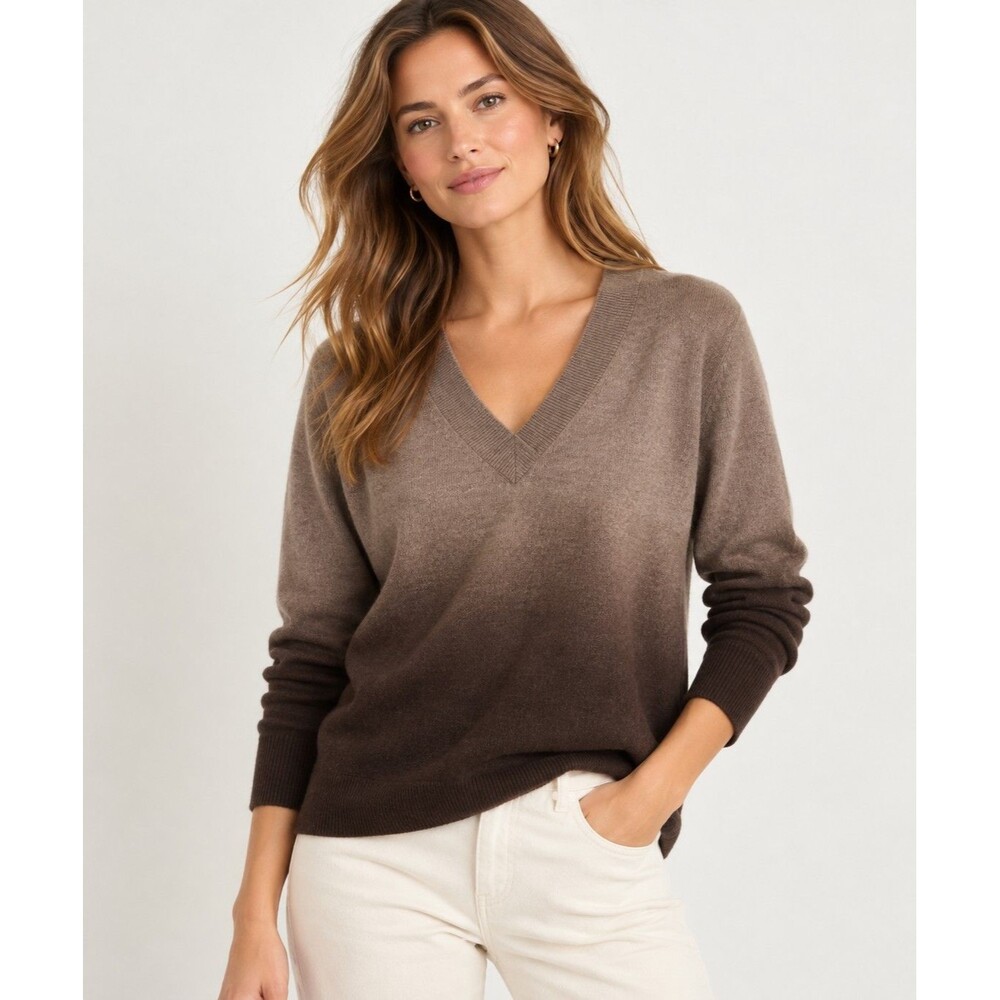Vince 100% Cashmere Ombre V-Neck Sweater Women’s M Brown Long Sleeve Luxury Soft
